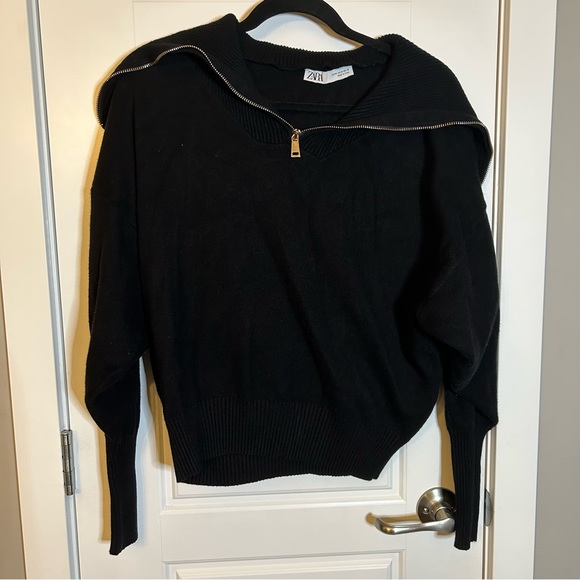ZARA KNIT FUNNEL NECK 1/4 ZIP SWEATER WITH BALLOON SLEEVES IN BLACK SIZE MEDIUM - Picture 1 of 14